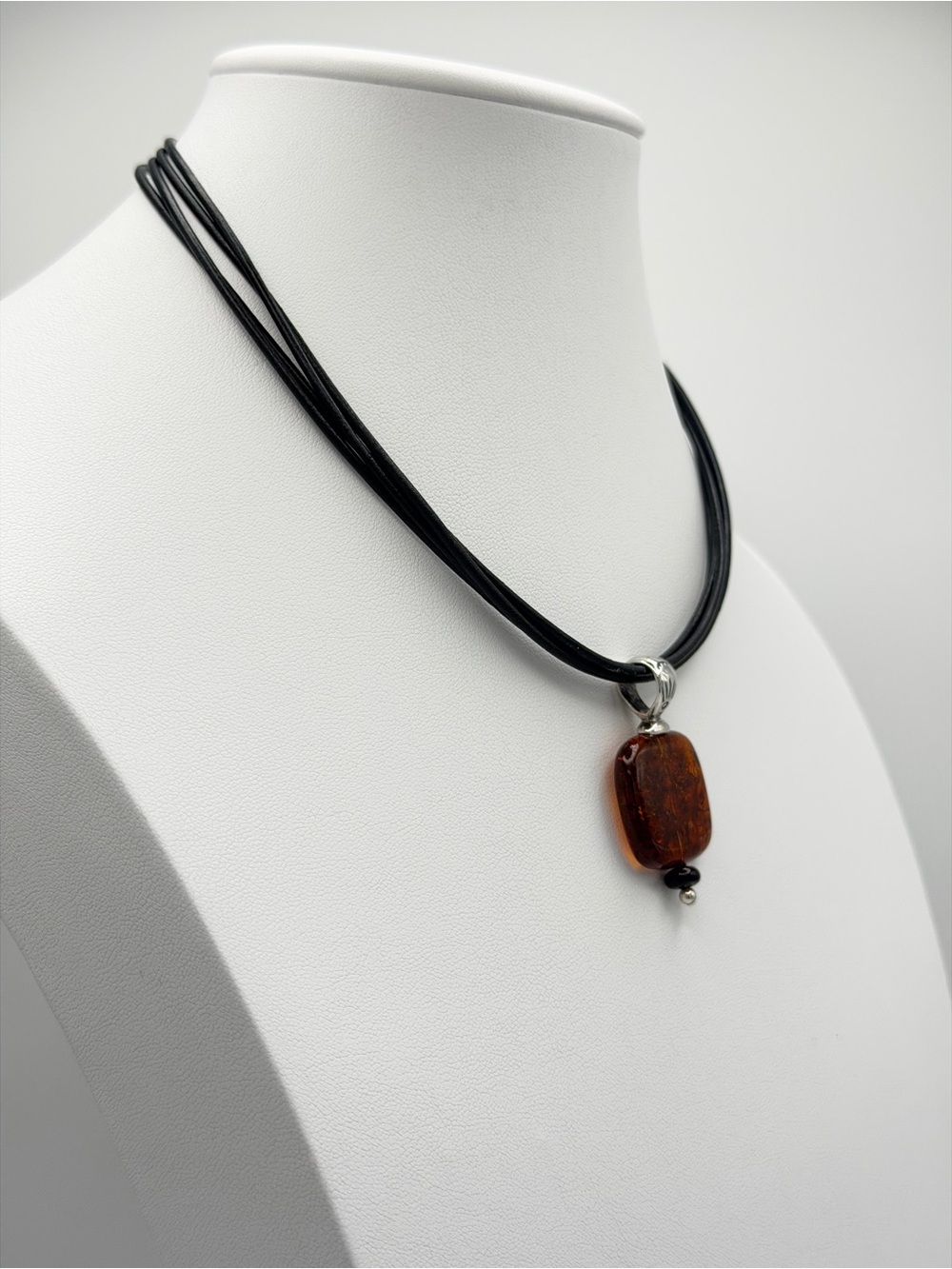Silpada Vintage Sterling 4-Strand Leather Amber Pendant w/Onyx Beads Necklace - Picture 3 of 15